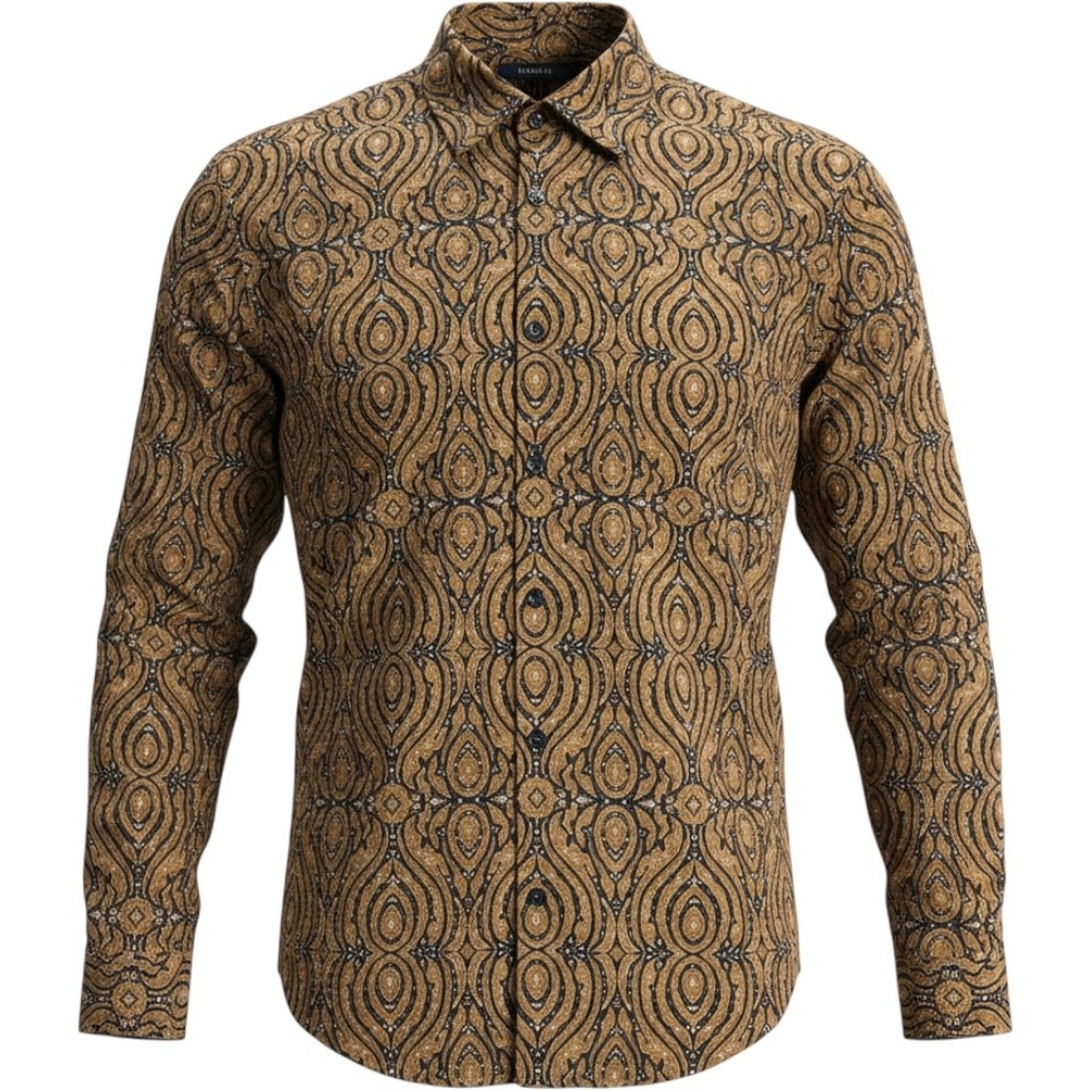 Perry Ellis Mens XL Long Sleeve Button Down Shirt Gold Black Paisley Cotton